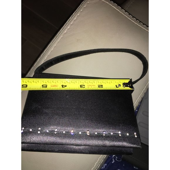 Little Mini Black Purse with Dainty Rhinestone Accent across Bottom of Front Fla - Picture 2 of 11